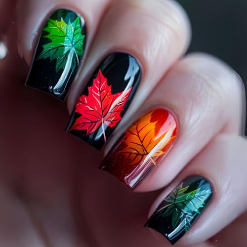 Black Fall Press on Nails Medium Square Fake Nails with Design Autumn Orange Green Maple Leaf Acrylic Nails Artificial Glue on False Nails for Women 24 Pcs Manicure