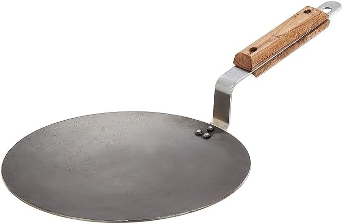 Iron Concave Tawa 10 inch, Tava for Roti/Chappati/Naan with Strong Wooden Handle Black 100% Toxin-Free, Long Lasting