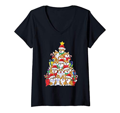 Mujer Funny Corgi Christmas Tree Lights Gift Santa Hat Dog Lover Camiseta Cuello V