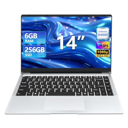 Ordinateur portable jeu 14 Pouces Processeur N4000 6Go RAM LPDDR4 SSD 256Go WIN 11 PC Portable Idéal Pour le Travail Et Les études Ouverture Et Fermeture à 180° Wi-Fi 2.4/5G USB 3.0 HDMI Argent Laptop