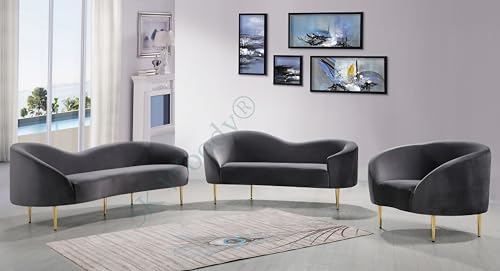 Image of Rosewood Luxury Curved Sofa in Premium Velvet-Fabric | Solid Wood Structure | High Density Foam | Sturdy Golden Legs | Comfortable & Stylish Couch for Modern Living Room (Grey, 1 Seater)