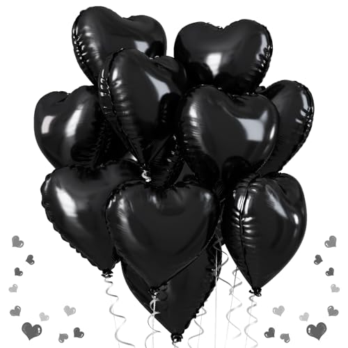 Black Heart Balloons, 18 Inch Black Helium Heart Balloons, 12Pcs Large Black Heart Shape Mylar Balloons, Black Foil Heart Balloons for Boys Men Birthday Graduation Engagement Valentines
