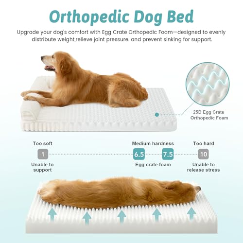 COZY KISS Waschbarer Hundebett für Grosse Hunde, 112x81x18cm Wasserdichtes Hundesofa, Orthopädisches und Abnehmbarer Cordbezug XL Hundecouch, Weich Kunstfell Hundekorb, Wärmend, L Form, Beige