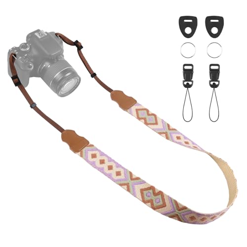 Image of Universal Camera Strap - Camera Neck Strap, Adjustable Shoulder Straps Compatible with Canon, Fujifilm, Nikon, Olympus, Panasonic and other SLR and mirrorless cameras - Purple and Khaki Weave