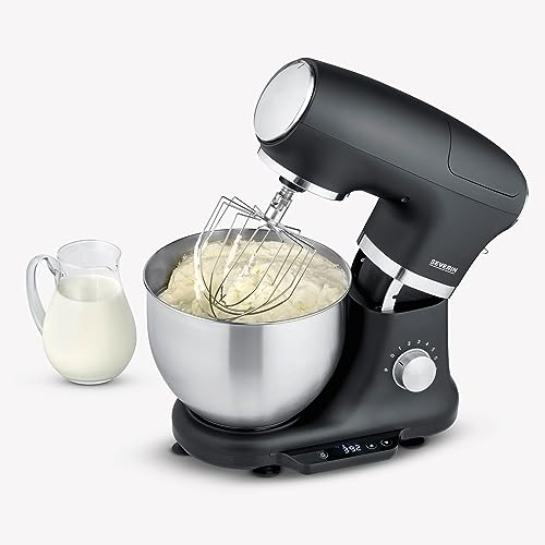 SEVERIN Robot de cocina con báscula, amasadora profesional hasta 3kg, robot multifunción con gancho amasador, batidor plano y varillas, 1000 W, negro mate/acero inoxidable, KM 3898 - imagen 5