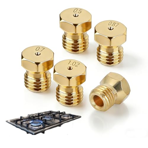 Lot de 5 Gicleur Gaz Butane, Injecteur de Gaz Butane Kit de Conversion, Bouteille Gicleur Brûleur 0,5/0,7/0,87/1,02, Compatible avec Gazinière Gaz et...