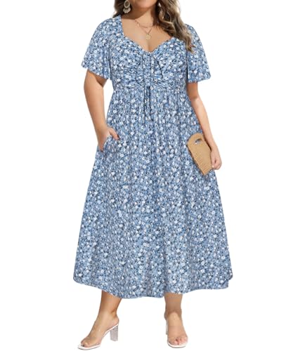 CARCOS Plus Size Dresses for Curvy Women Tie Sweetheart Neck Summer Maxi Dress Short Sleeve Empire Waist Floral Boho Dress