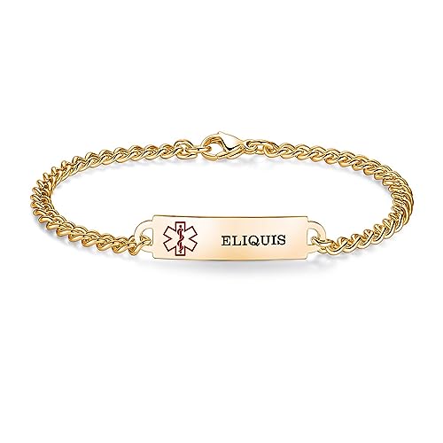 AOAMID 6.5-8.5 Medical alert id bracelets for Women Men Stainless steel Medical Emergency Bracelets Free engraving eliquis(Gold-6.5)