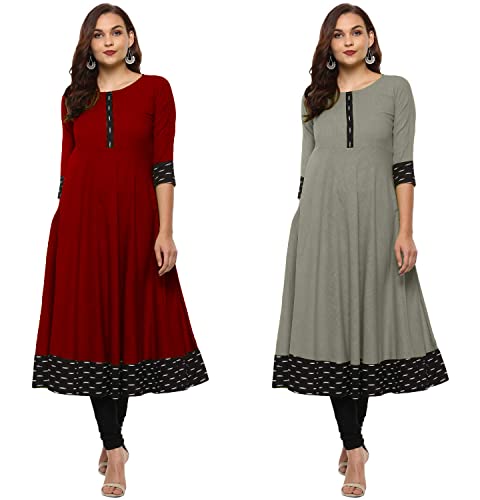 Image of NATEK Cotton Anarkali Printed Border Kurtis for Women Combo Pack of 2