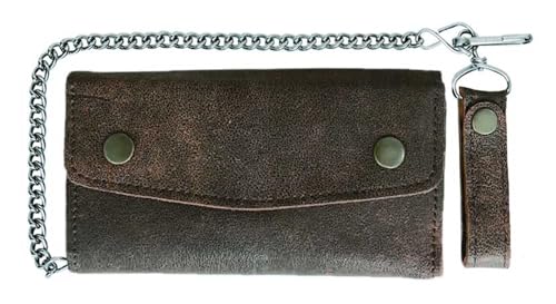 Derringer Men's Biker Chain Tri-Fold Premium Leather Wallet, Distressed Brown
