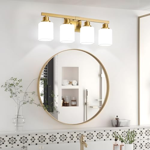 Image of Brushed Gold Bathroom Vanity Light,4-Light Bathroom Light Fixtures with Square Frosted Glass,Gold Bathroom Wall Lamp Sconces for Mirror Bedroom,Living Room Hallway,E26