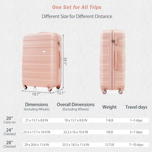 4 Piece Luggage Set - Durable ABS Suitcases with Travel Bag, Lightweight Carry-On with 360° Wheels, Pink2