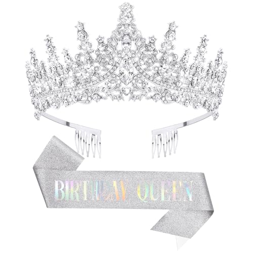 DRESHOW Couronne et Écharpe d'Anniversaire pour Femmes Couronne de Reine et Diadème en Strass Diadèmes et Écharpes d'Anniversaire pour filles Décorations Accessoires pour Cheveux