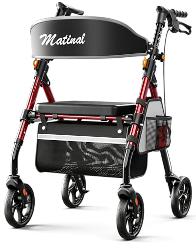 Matinal Leichte, Faltbare Rollatoren mit Sitz für Senioren, 158 kg Tragkraft, 20 cm Räder, 45 cm Großer Sitz, 6-fach Höhenverstellbar, Ultraleichter Aluminiumrahmen (Rot)