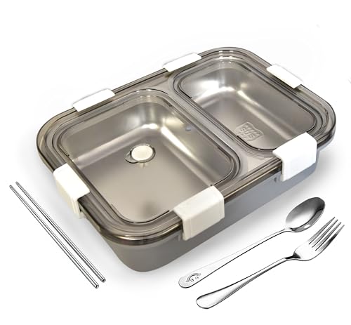 PRIME DEALS Lunch Box Sealed Leakage Proof Stainless Steel Lunch Box with Fork Chopstick&Spoon Lid Office Food Container for School Kids and Adults 750ml (Grey, 2 Compartment)