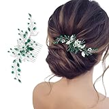 Tocados de Pelo Boda Novia, Cristallo Verde Peinetas para el pelo Flor, Perla Headpiece Nupcial Hoja Accesorios para el Cabello, Accesorios Pelo para Mujeres y Niñas