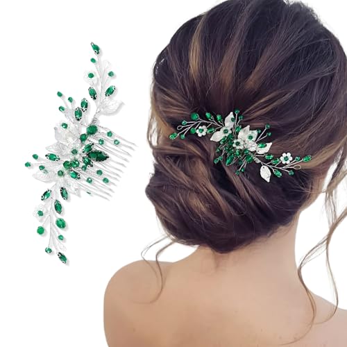 VYZUTR Accessori Capelli Sposa Cristallo Verde, Pettini per Capelli da Sposa con Fiore e Perle, Fermaglio Capelli Sposa Donna, Accessorio per Capelli da Sposa per Donne e Ragazze