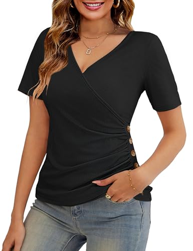 VOIANLIMO Women's Summer Tops Short Sleeve Slim Fitted Deep V Neck Cross Wrap Tunic T-Shirt Side ruched Shirring Tees