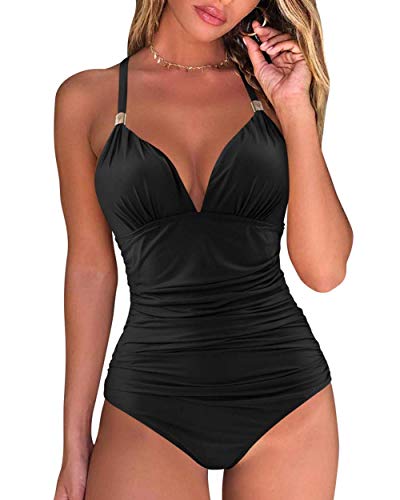 RXRXCOCO Badeanzug Damen Raffungen Bauchweg V Ausschnitt Push Up Shape...
