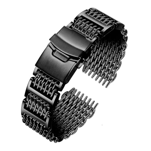 Bracelet en acier inoxydable maille requin noir 24mm aux finitions soignées pour montre Seiko