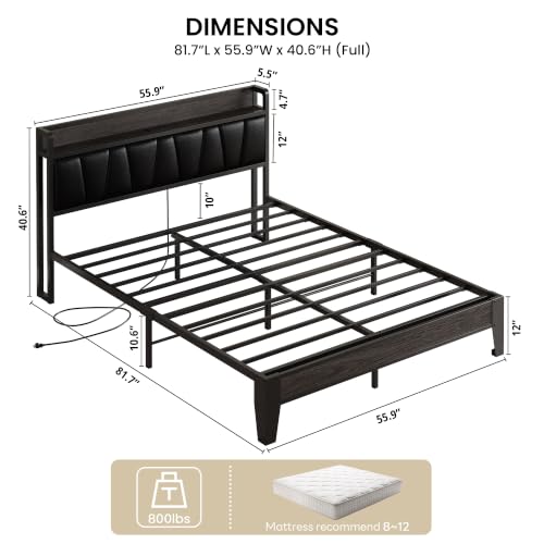 Image of LIKIMIO Full Size Bed Frame, PU Leather Storage Headboard with Charging Station, Solid and Stable, Noise Free, No Box Spring Needed, Easy Assembly, Black
