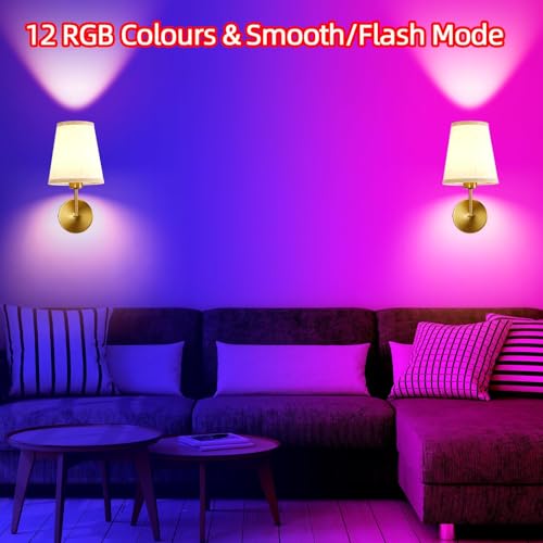 Image of Battery Operated Wall Sconces Set of Two, Dimmable Rechargeable Battery Wall Light with RGB Bulb, Rechargeable Wall Mounted Sconce Lamp with Remote Control for Bedroom, Living Room, Entryway, Gold
