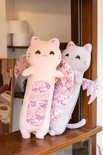 Image of Long Purple Bat Cat Stuffed Body Pillow Fluffy Plush Kitten with Wings Super Soft Bat Kitty Plushie Cushion Decor /23.6''