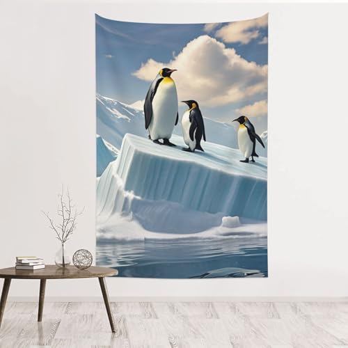 Tapisserie murale pingouins de 152x101 cm en velours pêche pour décoration de salon