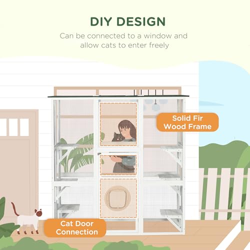 PawHut Outdoor Cat House Big Catio Wooden Feral Cat Shelter Enclosure with Large Spacious Interior, 6 High Ledges, Weather Protection Asphalt Roof, 71" L, White - Thumbnail 3