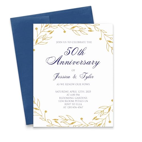 Custom 25th, 50th, 60th Wedding Anniversary Invitations Blue and Gold,
