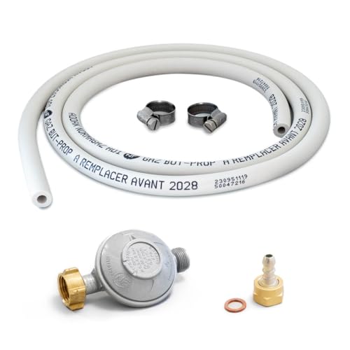 PROWELTEK - Kit Raccord Gaz Butane Complet 28 mbar Embout tétine Tuyau Flexible 1,5m Sécurisé Détendeur avec Limiteur de Débit pour Réchaud Barbecue et Plancha
