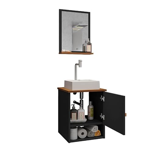 Gabinete Arm Banheiro Lima 1 Porta com Cuba Tulipa Branca Cor: Preto Fosco/Nature