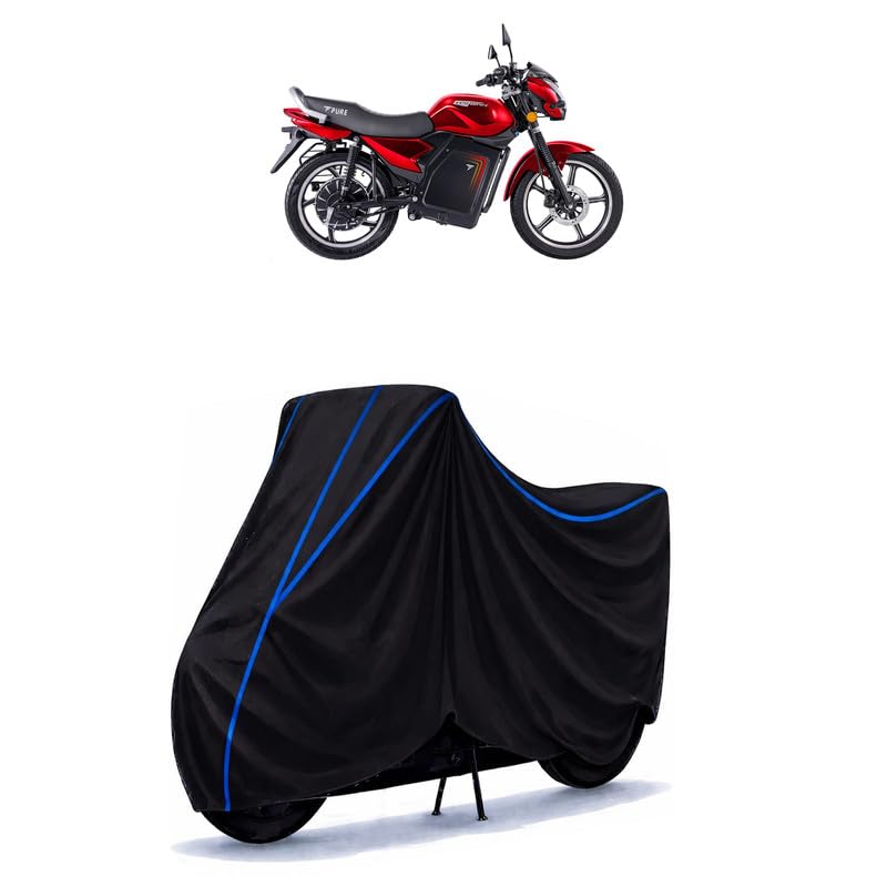 Image of Pure EV EcoDryft Bike Cover Water Resistant Universal Motorcycle Rain | Heavy Duty UV Protection, Dust, Scratch Indoor Outdoor All Weather with Black Blue Piping Elastic