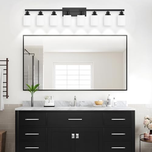 Image of 8-Light Bathroom Light Fixtures Over Mirror Black Vanity Light 52in | White Frosted Ribbed Glass Shade Modern Matte Black Vanity Lights Bathroom Wall Lamp Sconces for Mirror E26 Base