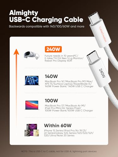Image of CableCreation USB C to C Super Fast Charging Cable 240W 6.6ft, iPhone 16 15 Pro Max Charger Cord, Type C Braided Cable for Samsung S24 S23 S22+, MacBook 16'', iPad 12.9'', Compatible 140W /100W /60W