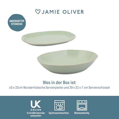 Jamie Oliver Big Love Servier-Set mit Platte und Schüssel, Steingut, rund, grün, tief, organisch geformte Servierschüssel, spülmaschinenfest, ofenfest