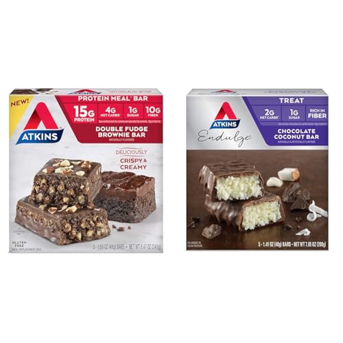 Atkins Double Fudge Brownie 15g Protein Meal Bar & Chocolate Coconut Endulge Bar Bundle, 1-5 Count