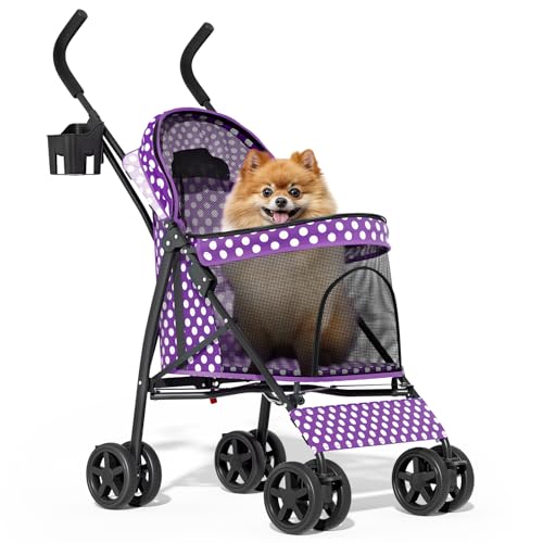 Image of MoNiBloom 4 Wheels Pet Stroller, Easy-Fold Umbrella Shaped Dog Cat Jogger Stroller w /Storage Bag & Visible Mesh for Small /Medium Dogs Cats Purple Polka Dots