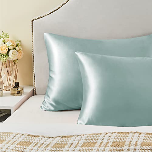 BEDELITE Satin Pillowcase with Zipper 2 Pack, Haze Blue Pillow Cases Standard Size, Super Soft and Cooling Similar to Silk Pillow Cases, Gift for Women Men(20x26 Inches)