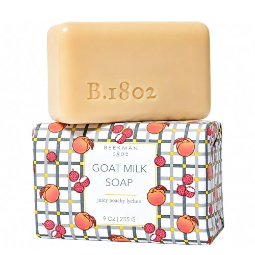 Beekman 1802 Goat Milk Soap – Moisturizing Hand &amp; Body Soap Bar with Shea Butter &amp; Botanical Oils, Triple-Milled, Non-Drying, Made for Sensitive Skin, Juicy Peachy Lychee 9 oz