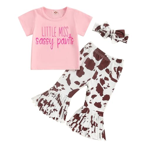 Image of Lamuusaa Western Baby Girl Clothes Short Sleeve Cowboy Tassel T-shirt Leopard Flared Pants Headband Summer Clothes 6M-4T