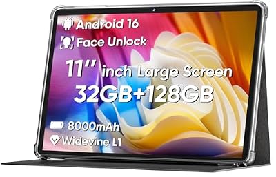 COLORROOM 2026 Android 16 Tablet 11inch, Face Unlock, 18W Fast Charging, 32GB+128GB+1TB Expand, Octa-core CPU, 8000mAh Large Battery, WiFi6, Touchscreen Display, Widevine L1 Tableta, Black