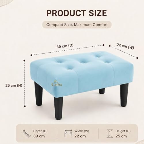 Image of Upholstered Foot Rest Ottoman Stool with Wooden Legs, Tufted Footstool for Living Room, Bedroom, Makeup Vanity, Entryway, Comfortable Footrest Bench, Modern Accent Ottoman (Sky)