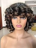 Annivia Short Afro Curly Wigs with Bangs for Women Kinky Curly Hair Wig 2 Tone Ombre Dark Brown Big Bouncy Fluffy Curly Wig