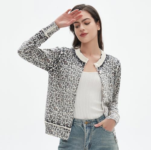 Women's Leopard Knit Cardigan Cropped Front Button Sweater Long Sleeves Casual Crewneck Cardigan Sweater Outerwear4