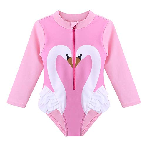 HUAANIUE Baby/Toddler Girl Swimsuit Rashguard Swimwear Long Sleeve One-Piece Pink Swan 5-6 T