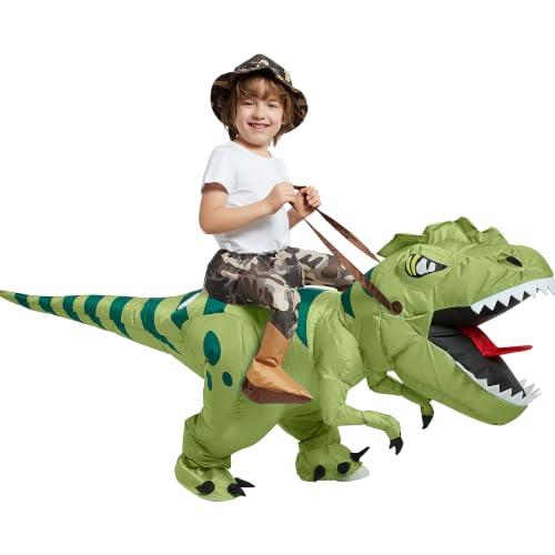 Halloween inflatable T-Rex dinosaur costume for kids 7 to 10 years with battery-powered pump and hat