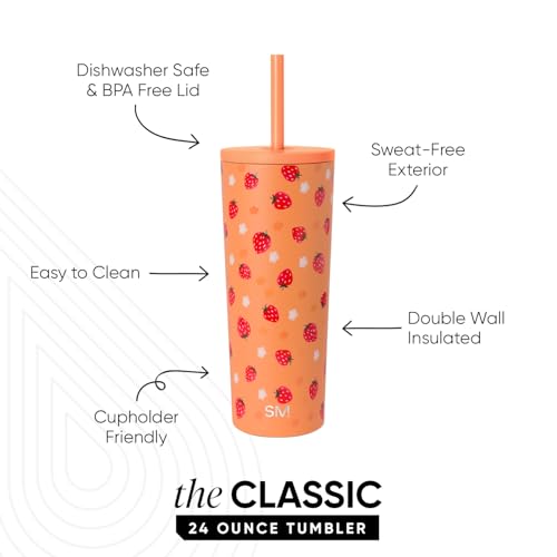 Image of Simple Modern Classic Tumbler with Straw Lid | Insulated Iced Coffee Cup Reusable Stainless Steel Water Bottle Travel Mug | Gifts for Women Men Her Him | 24oz | Strawberry Fields