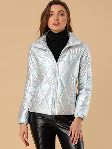 Allegra K Women's Christmas Puffer Jacket Holographic Shiny Metallic Jacket3