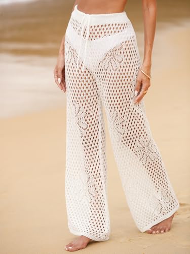 Womens Crochet Cover Up Pants Swimsuit Coverup Mesh Sheer High Waisted Drawstring Beach Pants2